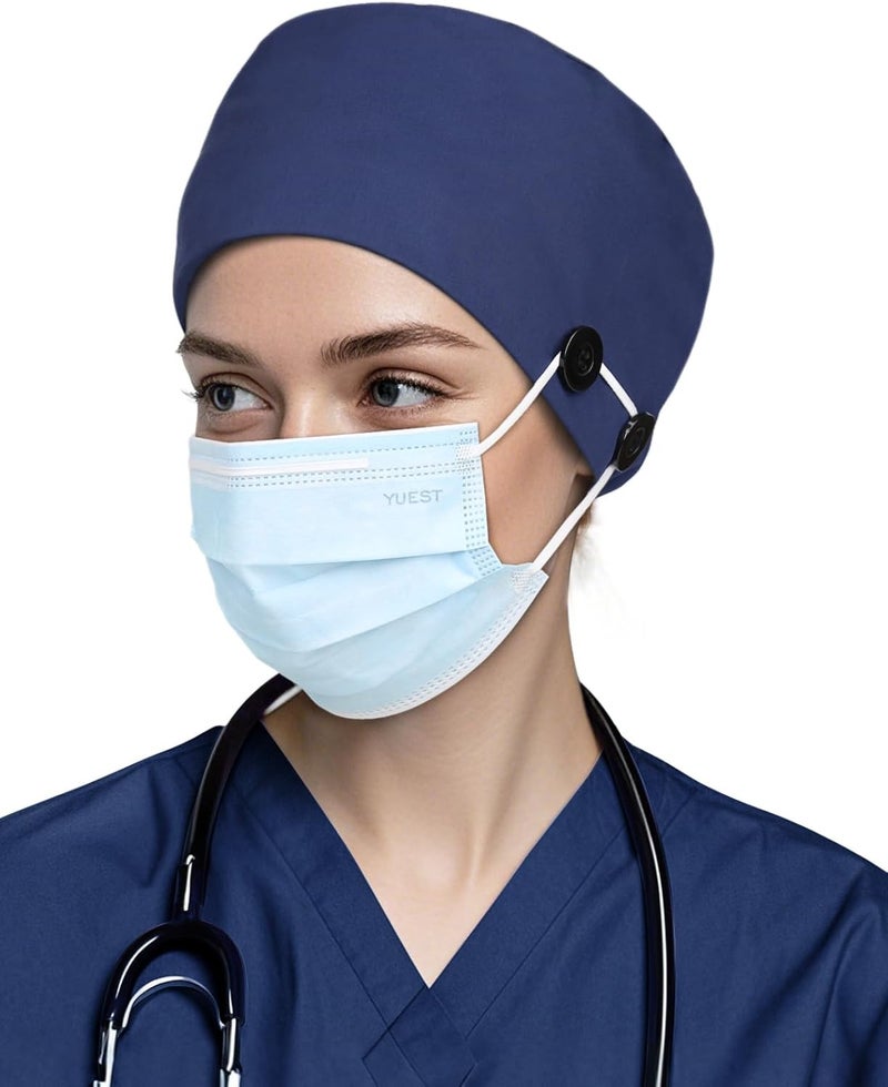 Yuest Adjustable Scrub Caps for Women Men - 4 Mask Attachment Buttons & Satin Lined Scrub Caps - Image 2
